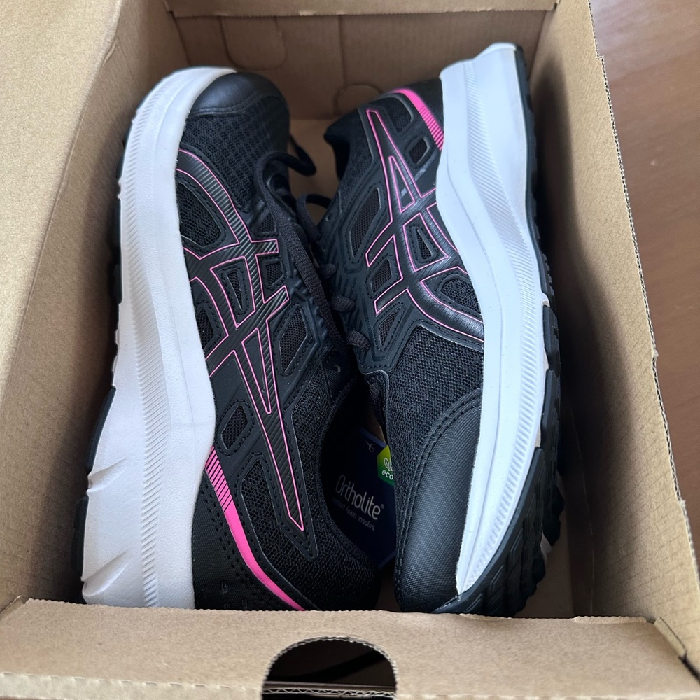 Asics Black and Pink Athletic Shoes with Mesh Construction